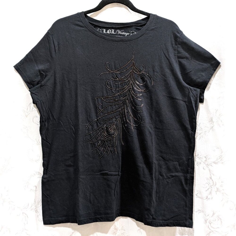 Vintage Y2K Sequin Feather Cotton Black Tee 2X Glam Grunge Whimsigoth Fairycore